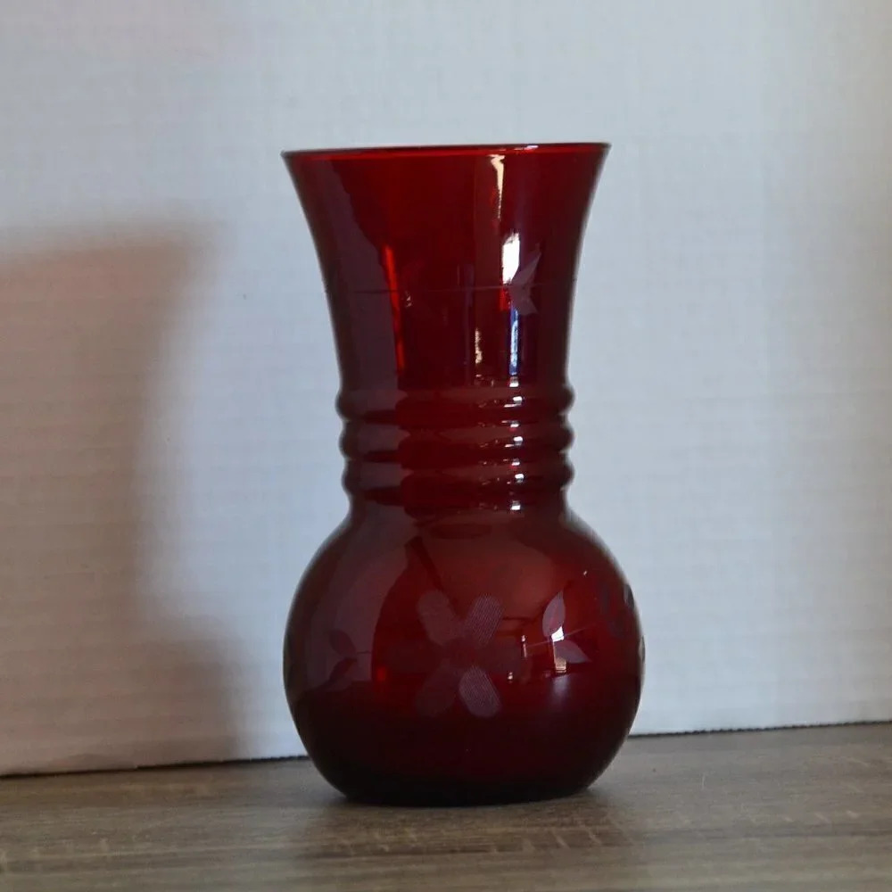 Vintage Red Etched Glass Vase